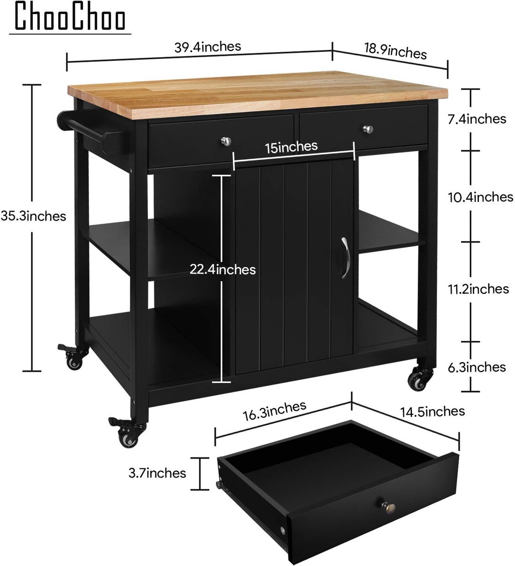 Dimensions and measurements diagram of a black kitchen island with wooden top and a drawer